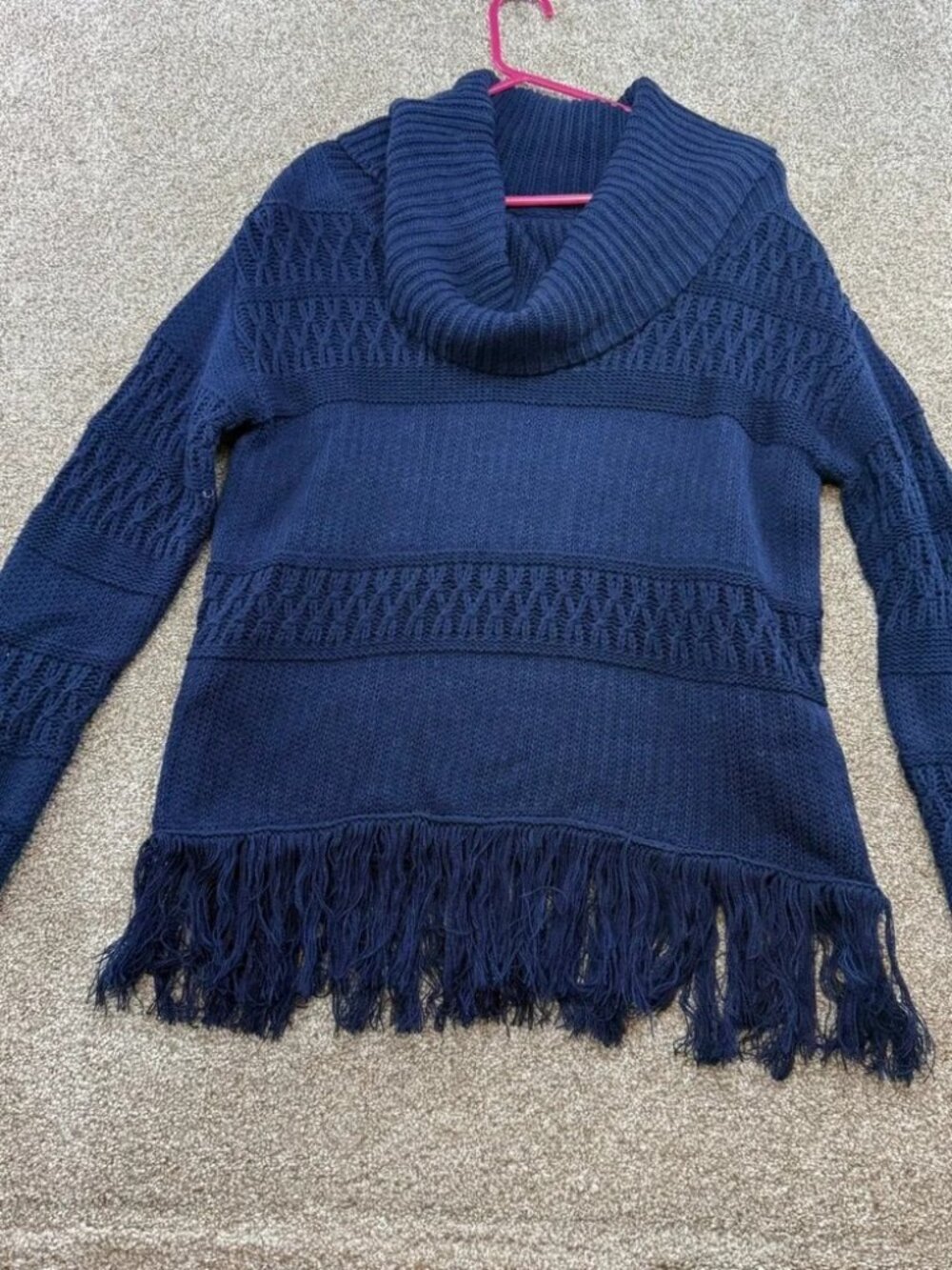 Xhilaration Womens Navy Blue Cowl Neck Fringe Hem Knit Sweater Medium Fall M